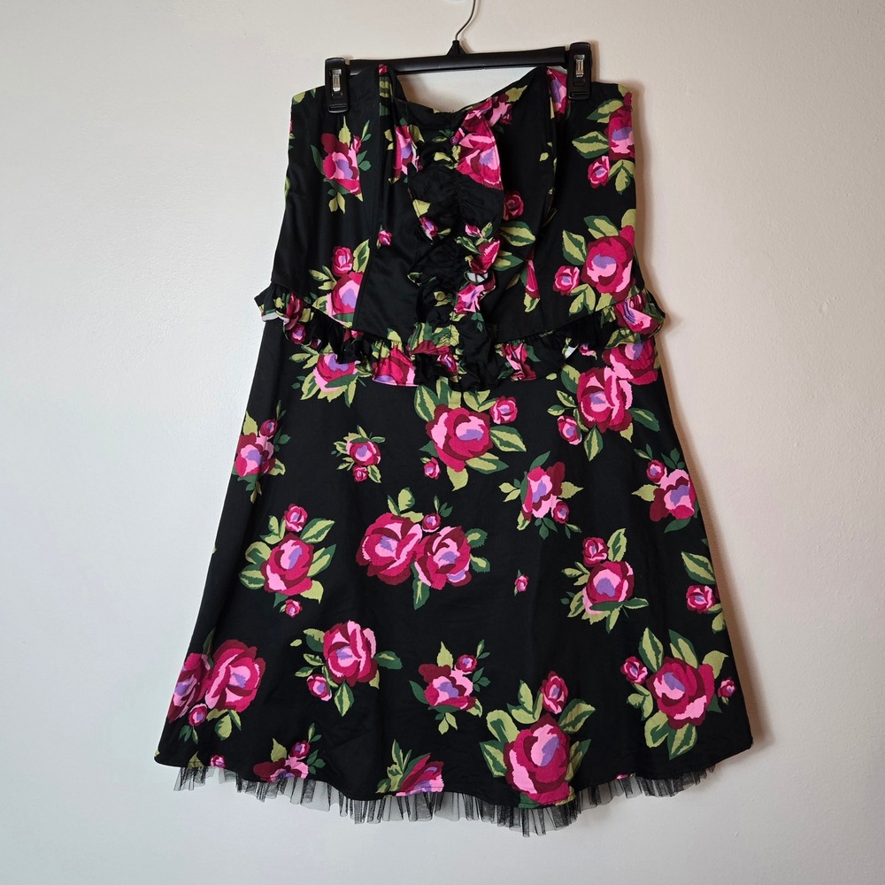 Torrid Womens Black Pink Floral Rose‎ Strapless Ruffle Tulle Mini Dress Size 16